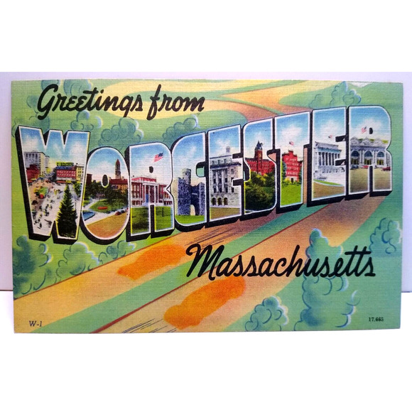 Greetings From Worcester Massachusetts Large Big Letter Linen Postcard Unused - Picture 1 of 2